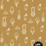 0,5 m Eco Badeshortstoff Sportshortstoff UV-Schutz UPF50+ "Summer Food and Drinks" amber gold weiß Charge 02 Meterware